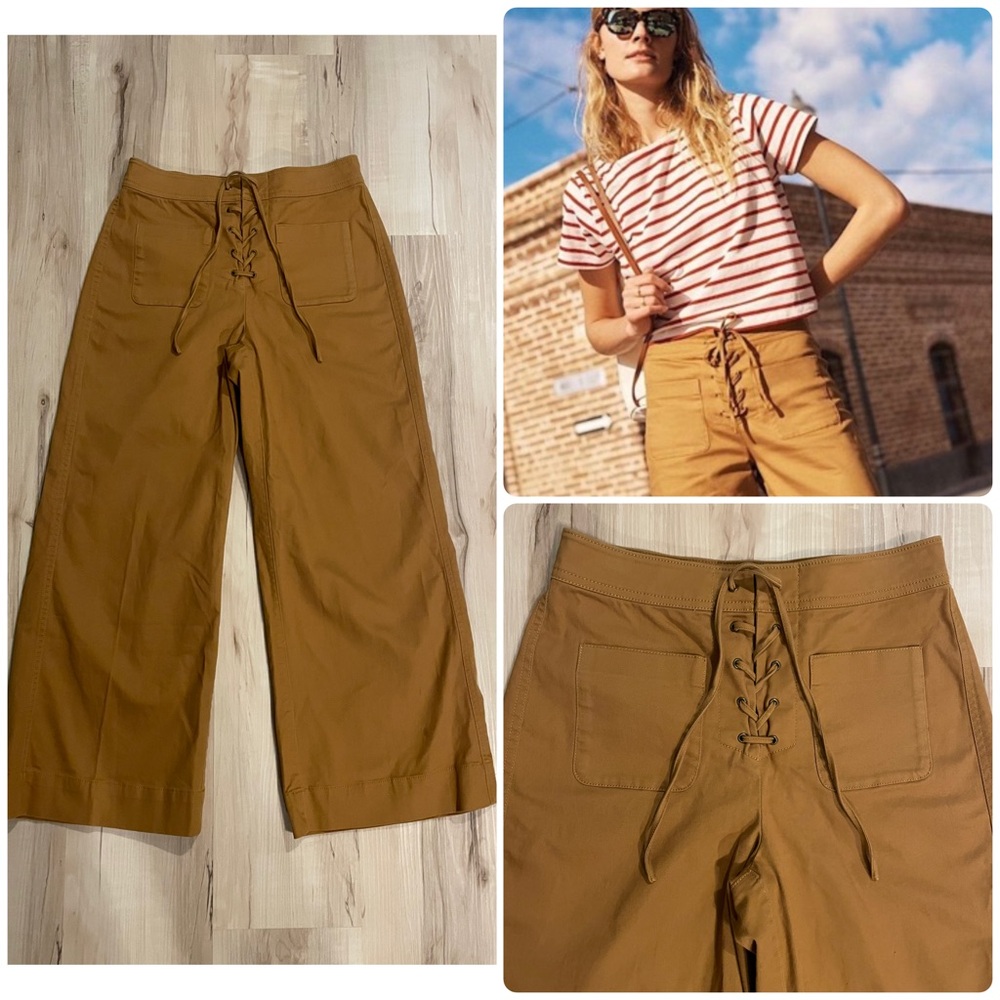 Madewell Lace Up High Waisted Wide-Leg Crop Pants Size 2 Dark Camel Festival